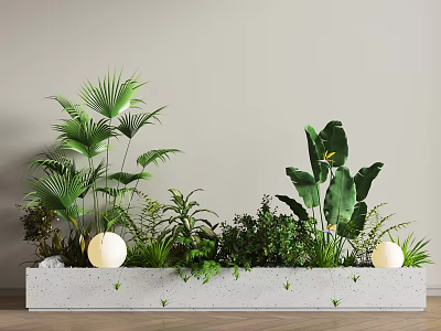 Potted Plants In Concrete Rectangular Planter With Palm Leaves Large Leaf Plants And Spherical Lights 3d model