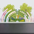 Colorful Illuminated Arch Garden Ornament Decorating Landscape with Trees and Modern Building