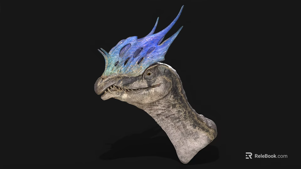 Realistic Dinosaur Head 3D Model With Blue Green Crest And Gray Skin On Black Background 3d model 
