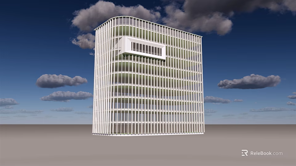 Modern Office Building With Glass Facade And White Exterior Under Blue Sky 3d model 