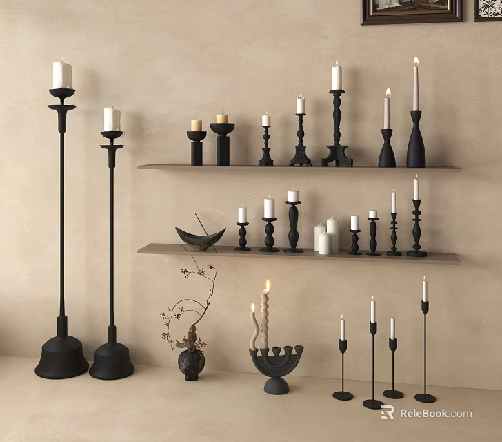 Decorative Ornament Set With Assorted Black Candle Holders White Candles And Wooden Shelves 3d model 