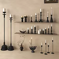 Decorative Ornament Set With Assorted Black Candle Holders White Candles And Wooden Shelves