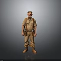 Man in Work Uniform With Suspenders Brown Boots and Tool Belt on Gray Gradient Background