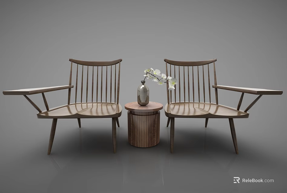 Modern Wooden Casual Sofa Set With Two Armchairs Side Table Vase And Flowers 3d model 