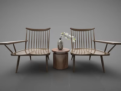 Modern Wooden Casual Sofa Set With Two Armchairs Side Table Vase And Flowers 3d model
