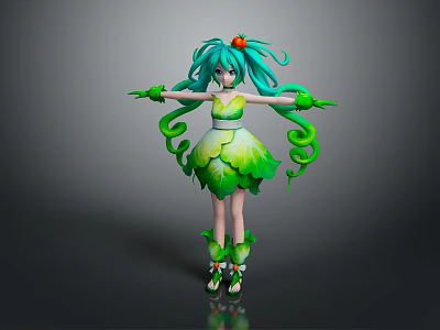 Fantasy Game and Movie Character with Turquoise Hair Red Headpiece Vine Decorations and Plant Dress 3d model