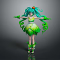 Fantasy Game and Movie Character with Turquoise Hair Red Headpiece Vine Decorations and Plant Dress