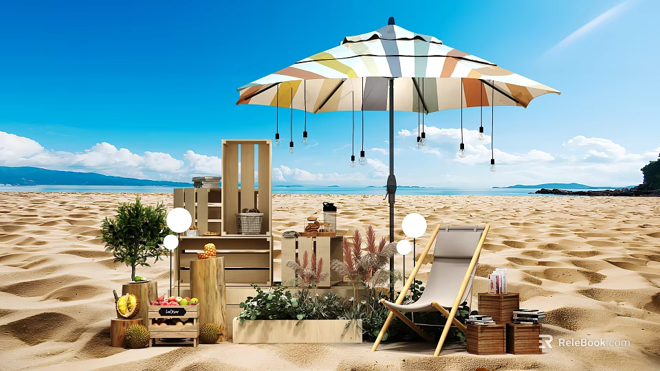 Beach Setup With Striped Umbrella Lounge Chair Wooden Crates Plants Fruit Basket And String Lights 3d model 