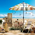 Beach Setup With Striped Umbrella Lounge Chair Wooden Crates Plants Fruit Basket And String Lights 3d model