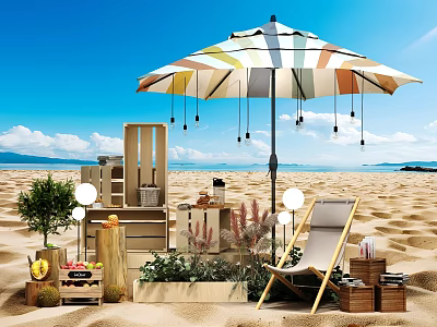 Beach Setup With Striped Umbrella Lounge Chair Wooden Crates Plants Fruit Basket And String Lights 3d model