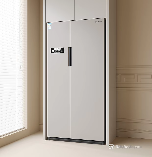 Modern Double Door Refrigerator With Control Panel In Light Gray Kitchen Interior Design 3d model