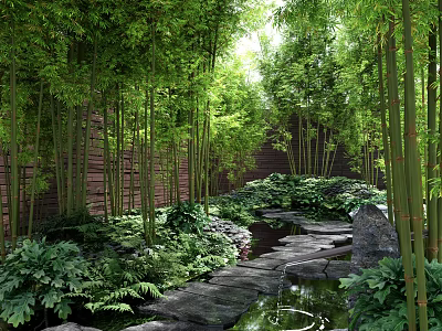 Bamboo Grove with Stone Path Water Feature and Lush Green Foliage in Natural Setting 3d model