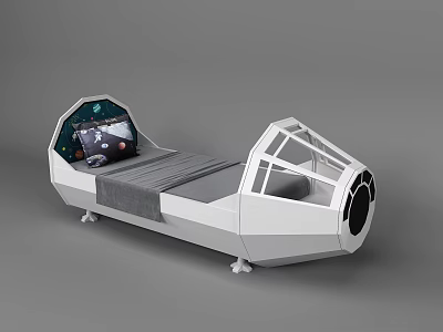 Fun Spaceship Shaped White Kids Bed With Cockpit Window Design Gray Mattress And Patterned Pillow 3d model