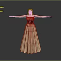 Elegant Woman Standing In Beige Long Dress With Arms Outstretched On Reflective Grey Floor