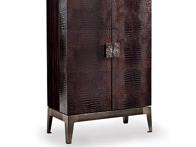 Dark Colored Wine Cabinet With Crocodile Texture Double Doors Metal Legs And Decorative Handle 3d model