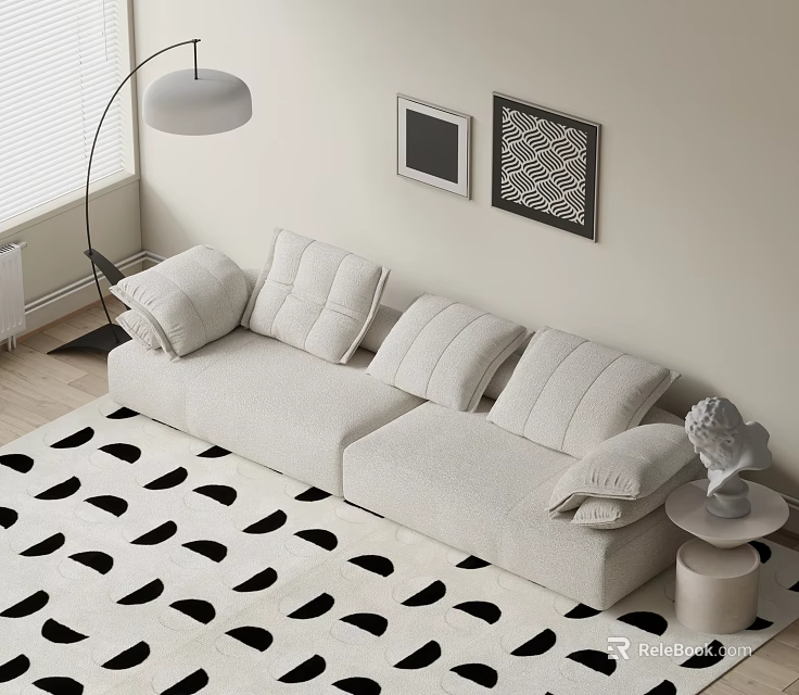 Sectional Sofa with Soft Cushions on Black White Geometric Rug and Floor Lamp Wall Art 3d model 