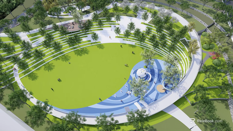 Modern Garden Landscape Featuring Green Lawn Curved Pathways Circular Structure And Surrounding Trees 3d model 