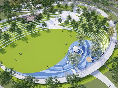 Modern Garden Landscape Featuring Green Lawn Curved Pathways Circular Structure And Surrounding Trees 3d model