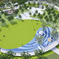 Modern Garden Landscape Featuring Green Lawn Curved Pathways Circular Structure And Surrounding Trees
