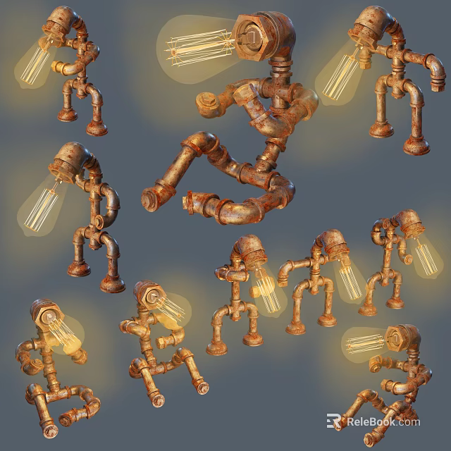 Rustic Pipe Robot Shaped Table Lamp With Illuminated Bulb And Mechanical Design 3d model