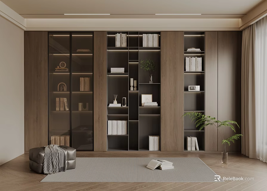 Modern Wooden Bookcase Interior With Glass Doors Books Decorative Items Striped Rug And Plant 3d model 