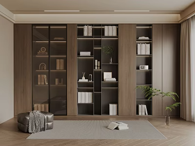 Modern Wooden Bookcase Interior With Glass Doors Books Decorative Items Striped Rug And Plant 3d model