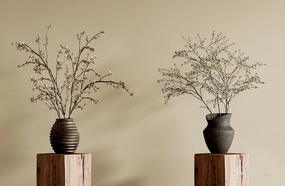 Decorative Ornament Set with Vases Holding Branches on Wooden Pedestals Beige Background 3d model 