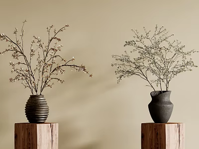 Decorative Ornament Set with Vases Holding Branches on Wooden Pedestals Beige Background 3d model