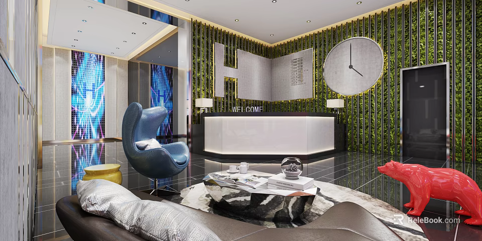 Elegant Modern Hotel Lobby Interior Design With Living Plant Wall Round Clock And Reception Desk 3d model 