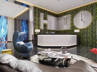 Elegant Modern Hotel Lobby Interior Design With Living Plant Wall Round Clock And Reception Desk 3d model