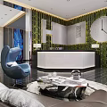 Elegant Modern Hotel Lobby Interior Design With Living Plant Wall Round Clock And Reception Desk