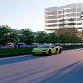 Modern Building Parking Lot With Luxury Cars Greenery And Sunset View