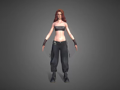 Red Haired Woman in Black Strapless Top Black Cargo Pants Black Boots and Fingerless Gloves 3d model