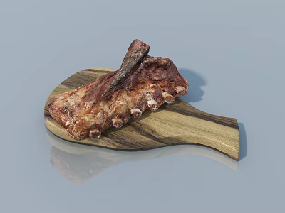 Tender Juicy Roasted Ribs on Wooden Cutting Board with Crispy Edges 3d model