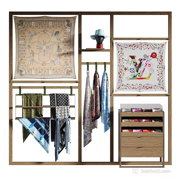 Stylish Wooden Wardrobe Storage With Hanging Scarves Silk Scarves Hat And Drawer Cabinet 3d model 