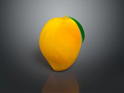 Fresh Ripe Yellow Mango With Green Leaf On Dark Background Showing Reflection 3d model