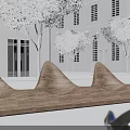 Curved Wooden Landscape Seat With White Buildings Trees And Street Lamps In Outdoor Area