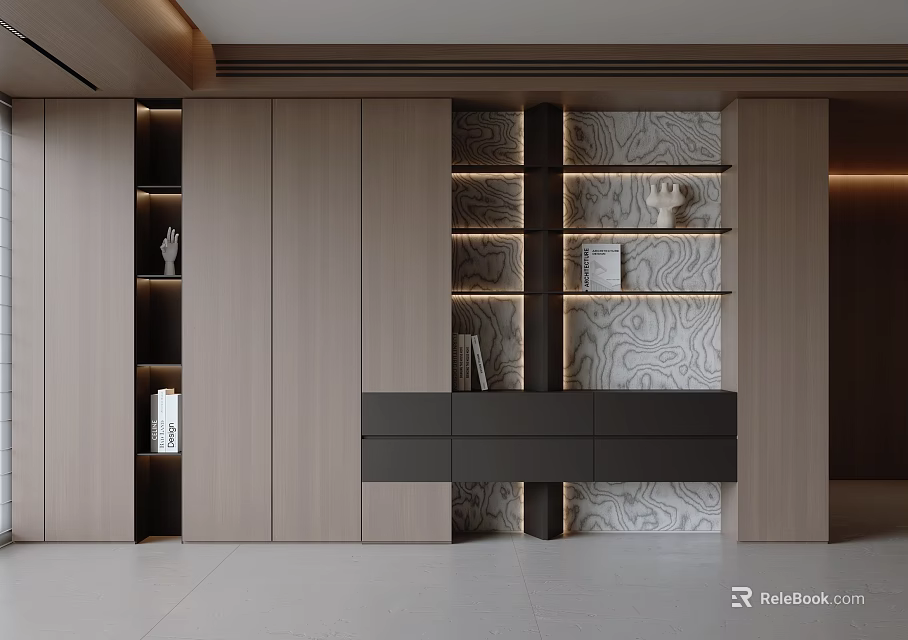 Modern Luxury Wooden Bookcase With LED Lighting Decorative Ornaments And Gray Cabinet 3d model 
