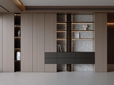 Modern Luxury Wooden Bookcase With LED Lighting Decorative Ornaments And Gray Cabinet 3d model