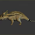 Vibrant Triceratops Dinosaur Figurine With Yellow Body Black Stripes Green Eyes and Decorative Horns
