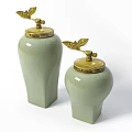 Elegant Light Green Ceramic Jars With Gold Lids And Leaf Decorations In Two Sizes 3d model