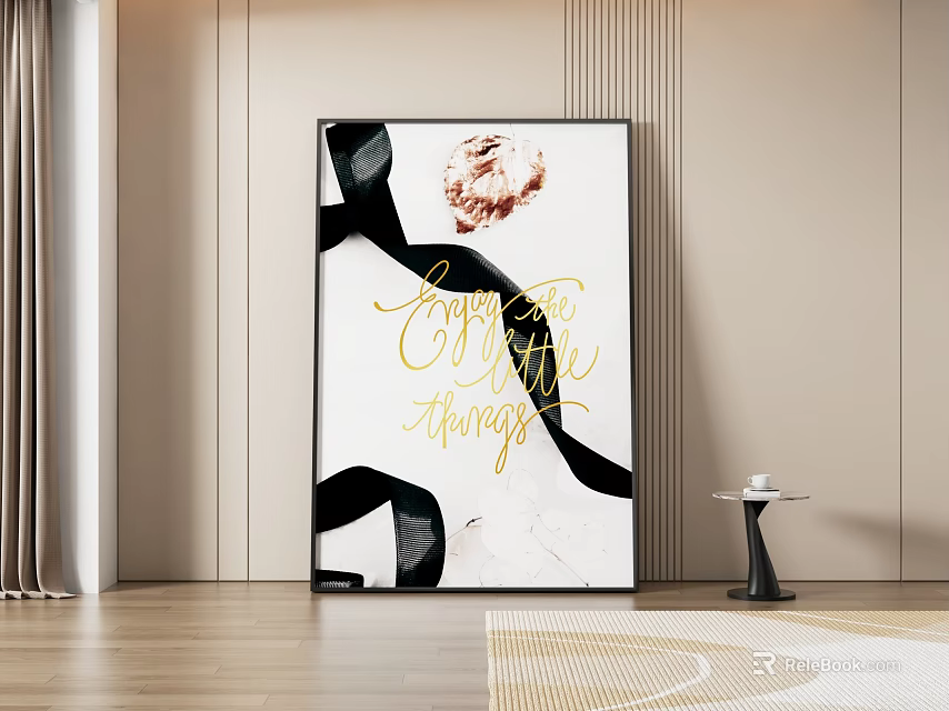 Modern Abstract Painting With Black White Lines And Gold Text In Minimalist Interior Room 3d model 