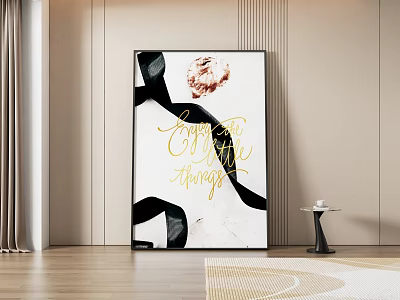 Modern Abstract Painting With Black White Lines And Gold Text In Minimalist Interior Room 3d model