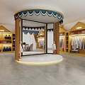 Shopping Mall Store With Wooden Shelves Clothes Circular Display Area And Mirror