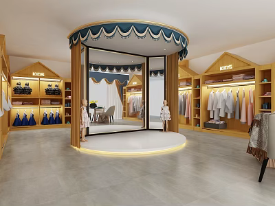 Shopping Mall Store With Wooden Shelves Clothes Circular Display Area And Mirror 3d model