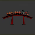 Toy Train With Red Carriages Blue Locomotive On Red Tracks And Supports