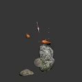 Vibrant Red Fish Floating Near Mossy Rocks With Fishing Line Details