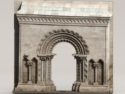 Ornate Stone Feature Wall With Arched Doorway Carved Details Decorative Columns And Tile Roof 3d model