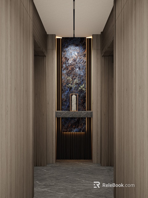 Modern Foyer Hallway Interior Design With Wooden Walls Decorative Feature Wall And Recessed Lighting 3d model 