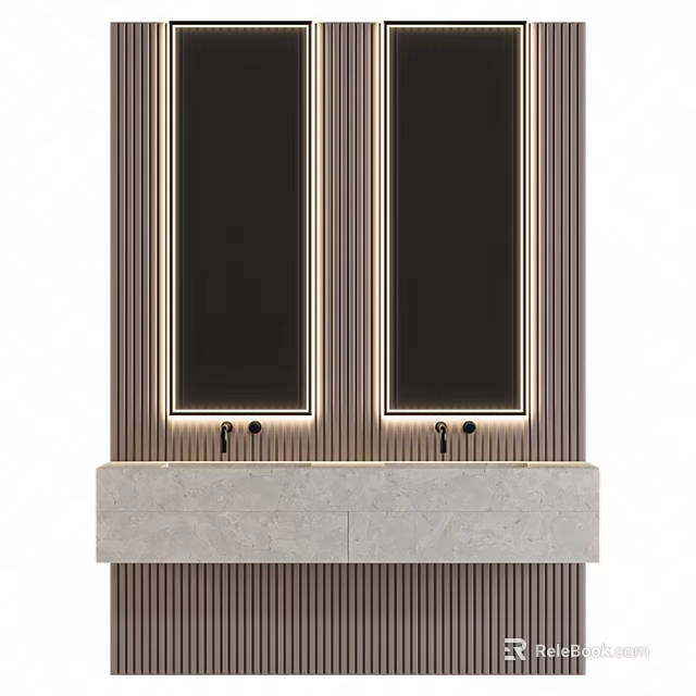 Modern Bathroom Vanity Combination With Double Mirrors Golden Frames And Marble Countertop 3d model 